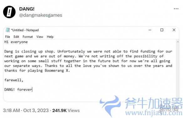 《回力镖X》开发商宣布倒闭无法继续开发，斧牛加速器第一时间播报